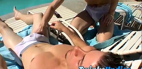  Zack and Mike jacking off by the Pool with their uncut cocks